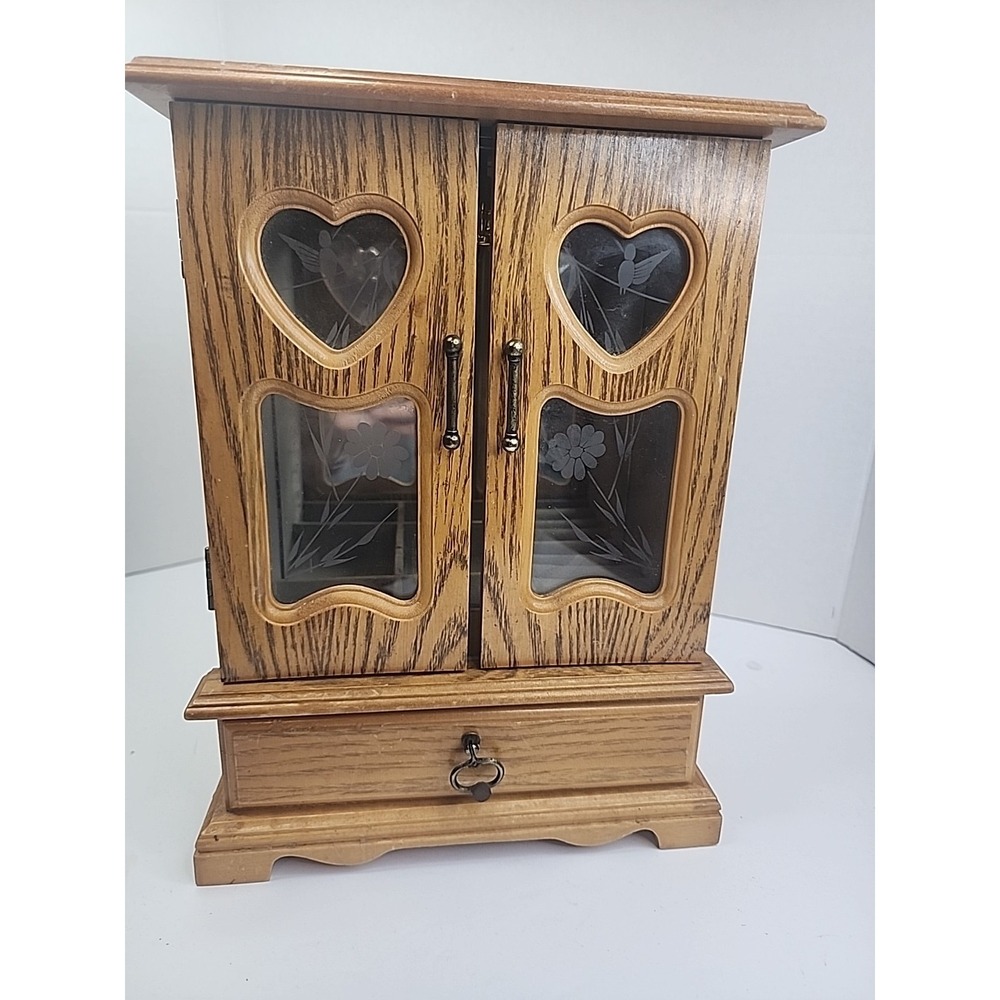 Vintage Wooden Musical Jewelry Box Armoire Heart Drawers Etched Glass
